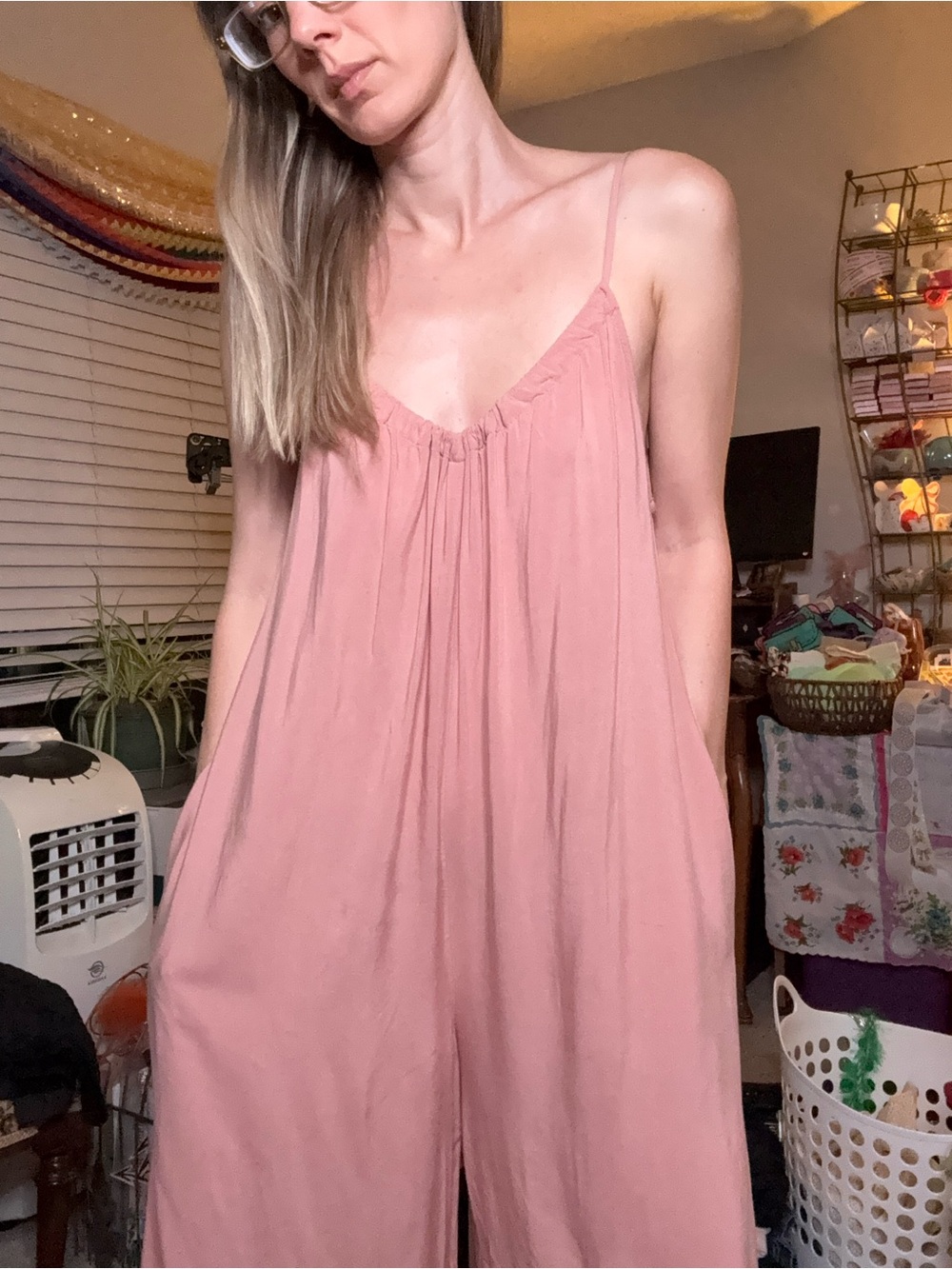 Relaxed Light Pink Spaghetti-Strap Jumpsuit with pockets